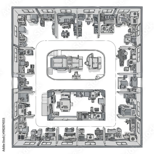 Comprehensive aerial perspective of a busy manufacturing facility interior showcasing numerous workstations assembly lines complex machinery and organized storage areas depicting industrial