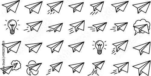 Black and White Line Art of Paper Airplanes and Lightbulb Icons for Technology and Ideas