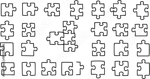 Hand-drawn Jigsaw Puzzle Pieces Line Art. Black and White Doodle Outline Elements for Concept, Problem Solving, Teamwork, and Game Design.