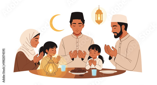 Happy Muslim Family Praying Dua Before Breaking Fast at Iftar Dinner During Ramadan Holy Month, Flat Vector Illustration