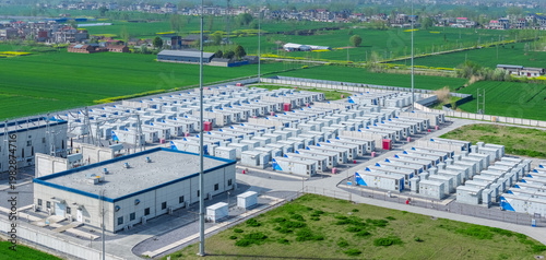 Wallpaper Mural Close-Up Aerial View of a Large-Scale Battery Energy Storage Station with Modular Units and Substation Infrastructure Torontodigital.ca