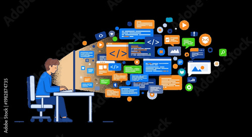 Web Developer Programming on Computer with Abstract Digital Code and UI Elements Illustration on Black Background