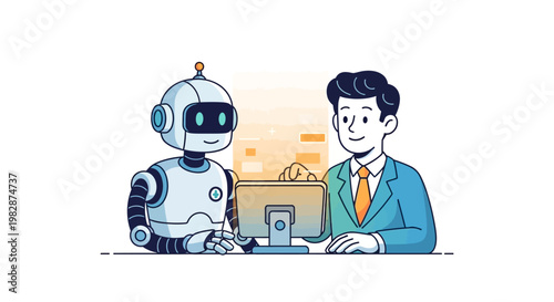 Business Man Collaborating with Artificial Intelligence Robot at Work Station, Future of Technology and Automation in Business Concept Illustration