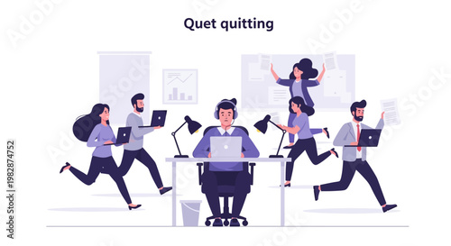 Quiet Quitting Concept with Disengaged Employee in a Busy and Chaotic Office Environment Illustration