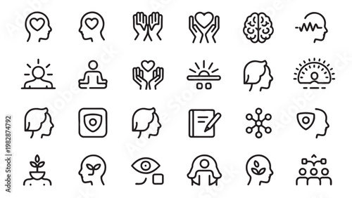 Mental Health and Emotional Wellness Outline Icon Set for Psychology App Design, Therapy Platform and Mindfulness Interface Development