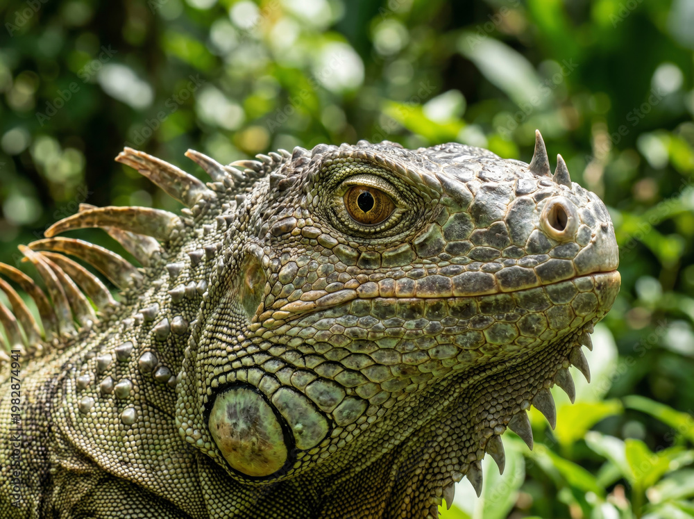 Fototapeta premium Detailed portrait of a green iguana with scaly skin