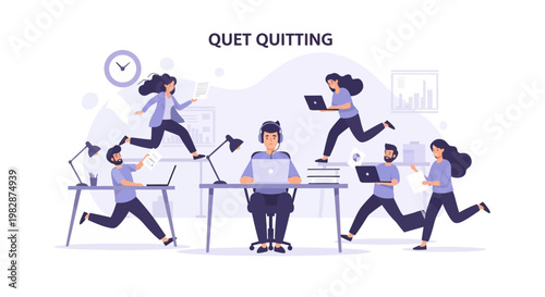 Quiet Quitting Concept Illustration with a Calm Employee at a Desk While Busy Colleagues Rush Around Him