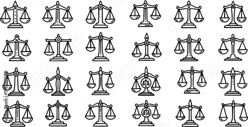Legal Justice Scales Outline Icons Set. Black and White Line Art Vector Collection of Balance Symbols for Law, Fairness, and Judgment System.