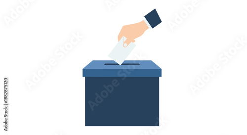 A professional hand in a formal dark suit sleeve carefully places a white pointed envelope into a deep navy blue ballot box against a clean white backdrop.