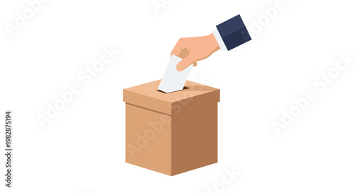 A meticulous hand wearing a navy blue cuff inserts a rectangular white paper ballot into a light brown cardboard voting box against a white background.