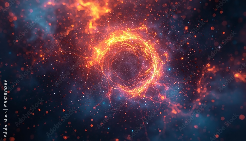Obraz premium Abstract cosmic solar jpeg of black hole portal with glowing orange energy fire and stardust in deep space galaxy nebula