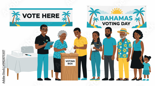 Illustration of diverse people voting on Bahamas Voting Day with ballot box and Vote Here sign in a colorful, democratic process scene.