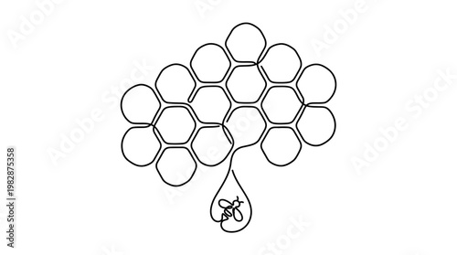 Honeycomb Continuous Line Drawing With Honey Drop Bee Minimal Monoline Vector Illustration