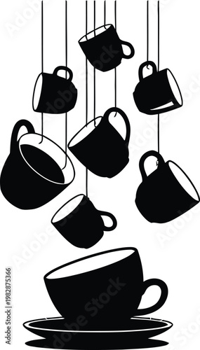 Black and white of eleven hanging coffee cups and saucer
