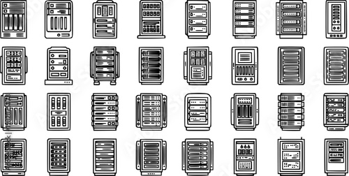 Technology Data Center Server Racks, Network Equipment, and Computer Servers Black  White Line Art Icons Collection