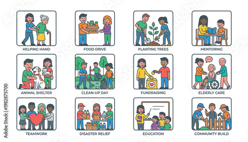 Illustrations of community and social interactions.