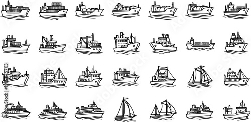 Maritime Transportation  Shipping Industry Ships  Boats Line Art Icon Set. Hand-Drawn Black  White Outline Doodle Collection of Various Vessels.