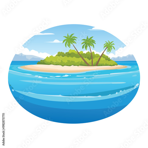 Cartoon island scene with palm trees and ocean waters isolated