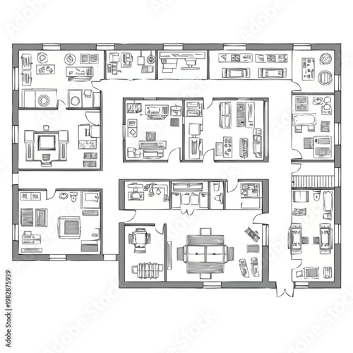 Detailed Architectural Floor Plan Sketch of a Large Residence Showing Room Layouts Furniture and Fixtures for Real Estate Development and Interior Design Concepts layout architecture icons