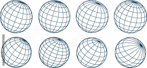 Wireframe globe set, spherical grid earth icons, abstract geometry network vector illustration collection design
