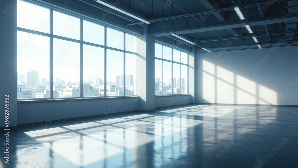 Fototapeta premium Empty Modern Office with Large Windows Overlooking City Skyline