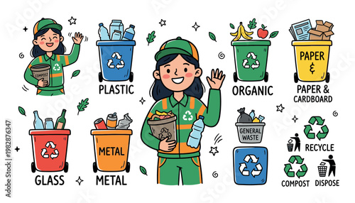 Recycling bins and waste management illustration.