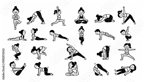 Collection of various yoga poses illustrations.