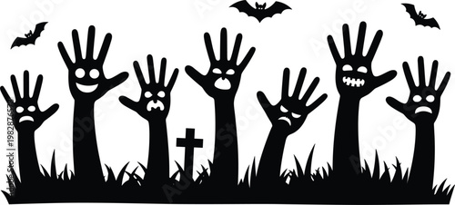 Zombie hands silhouettes rising from ground, spooky halloween horror scene, creepy vector illustration design