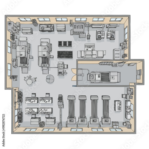Overhead view of a spacious industrial workshop layout demonstrating advanced manufacturing machinery and workspace organization for efficient production processes and operational flow within a