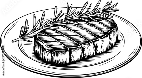 Hand-drawn black and white of a grilled steak with rosemary a plate meat herb