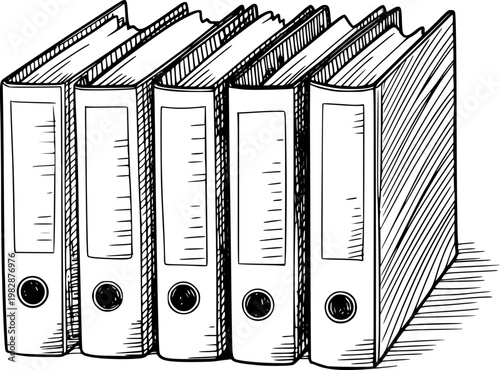 Hand-drawn row of ring binders with labels and finger holes white background file