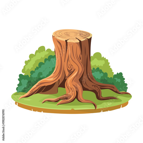 Cartoon illustration of a tree stump with green bushes on isolated white