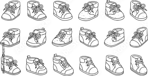 Hand Drawn Black and White Line Art Baby Shoes Collection. Cute Toddler Footwear Icons for Childhood and Newborn Designs.