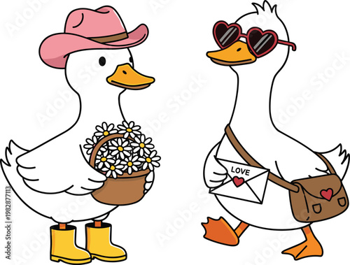 Cartoon Duck Couple in Cute Outfits with Flowers and Love Letter for Valentine's Day, Friendship, and Fun Animal Illustrations
