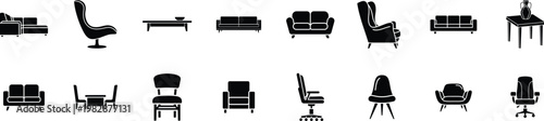 Mid-century modern furniture icons in minimalist black and white line art Vector
