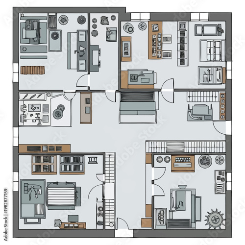 Detailed architectural blueprint illustrating a comprehensive residential floor plan with rooms for living dining workspace bedrooms and bathrooms showcasing interior layouts and spatial