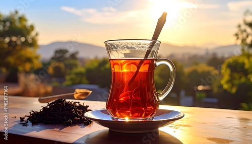 A serene tea scene at sunset with a cup, saucer, and loose-leaf tea
