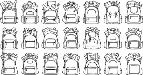 Black and White Line Art School Backpacks Vector Collection. Education and Learning Objects Illustration Set.