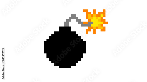 Pixel art bomb with fire explosion.