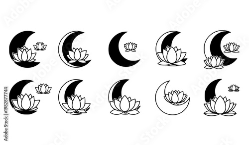 Crescent moon lotus icon set vector with hand drawn spiritual floral moon designs in black and white minimal style