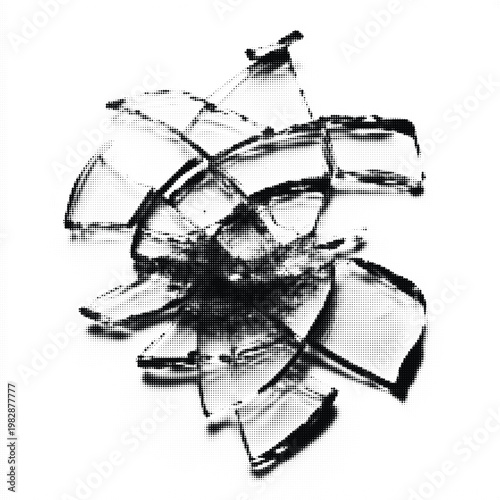 Halftone shattered glass broken mirror effect with scattered sharp fragments and abstract dotted texture overlay for creative digital art and graphic design projects that make sells
