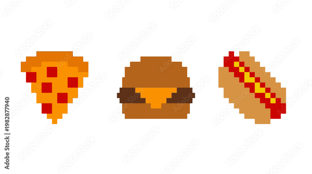 Fototapeta premium Pixel art of various fast food items.