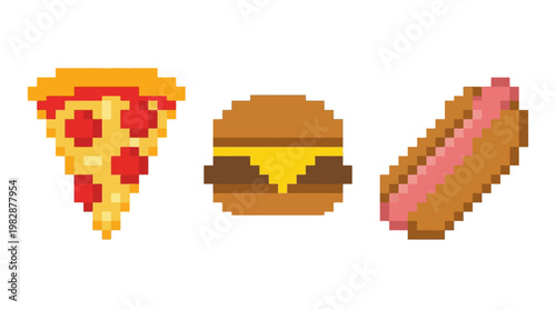 Pixel art of pizza, burger and hotdog.
