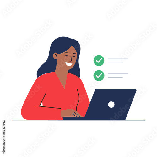 Woman smiles while using laptop with green checkmarks on screen