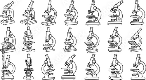 Black and White Line Art Collection of Various Microscopes for Science and Education