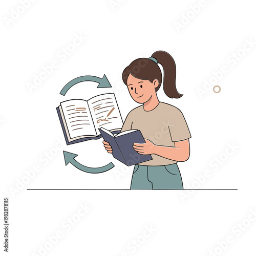 A woman reads and studies books in an educational setting with focused attention.