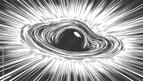 swirling black hole with intense radial lines, representing cosmic energy, gravity, and deep space phenomena sketch engraving generative ai vector illustration. Scratch board. Black and white image.