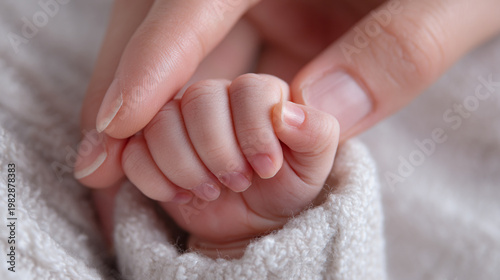 Mother's hand gently holding a newborn baby's tiny fingers with holding hands, connection