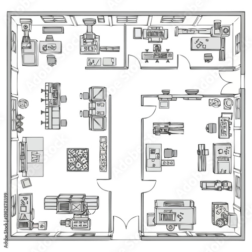 Overhead view schematic of a detailed manufacturing floor plan showing various workstations and machinery layout conceptualizing industrial space organization for production efficiency and