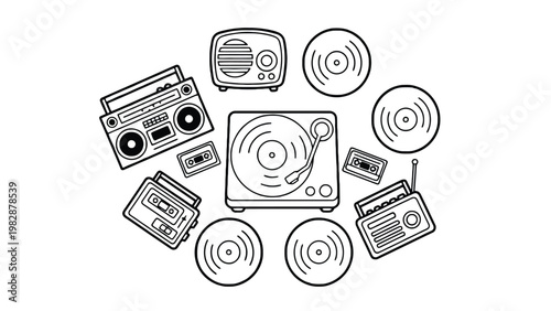 Music radio icon set including vinyl records and cassette tapes illustration